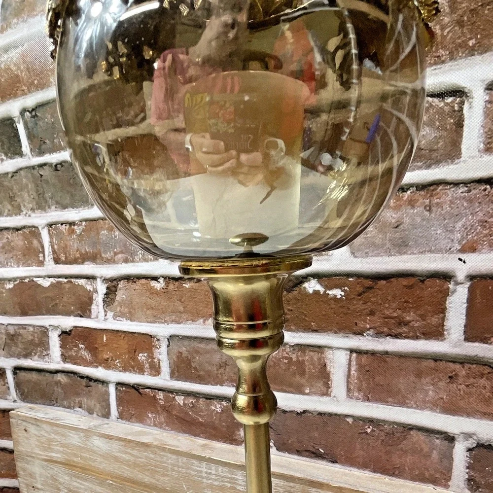 Gold Metal Clear Glass Floral Rhinestone Rim Pedestal Globe Hurricane Holder